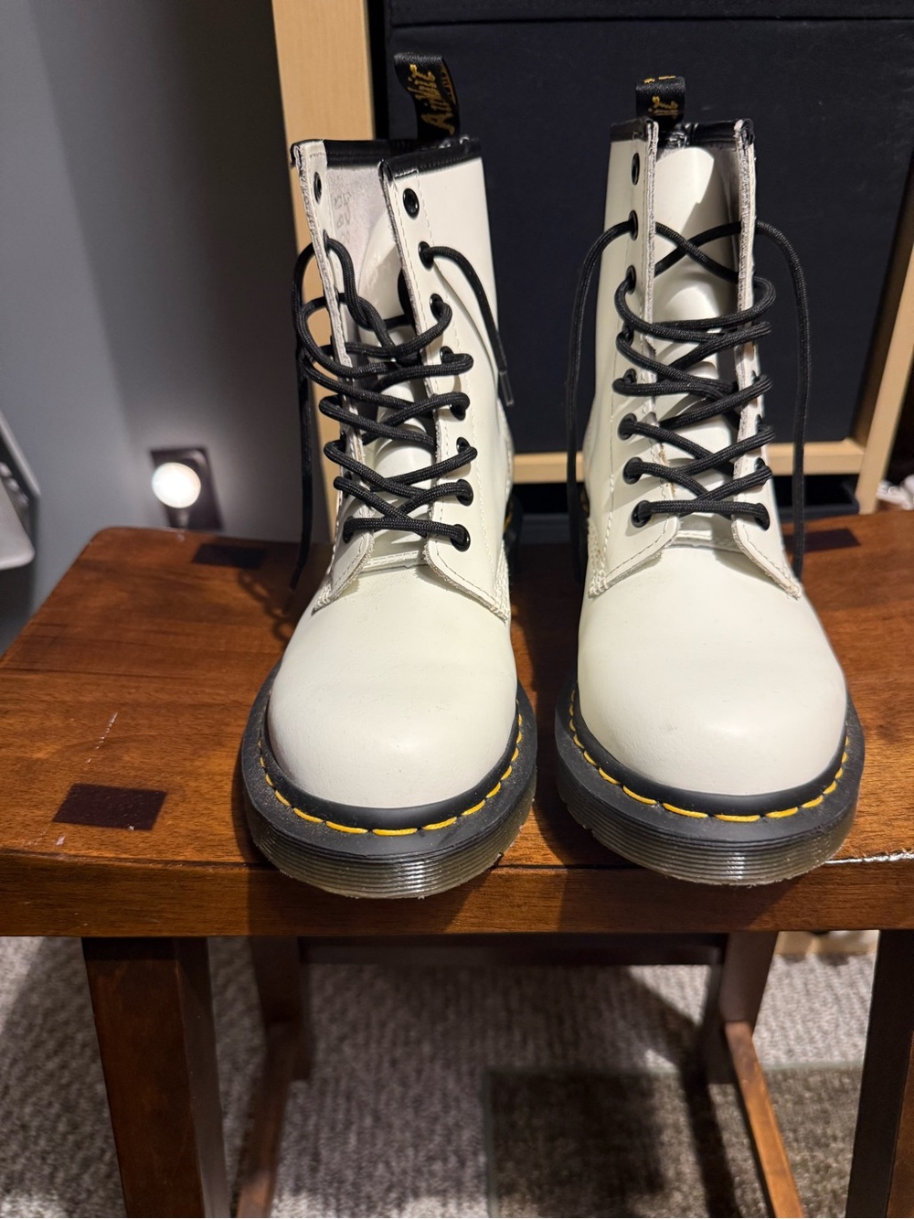 Dr. Martens Cream Leather Lace-Up Combat Boots with Black Laces